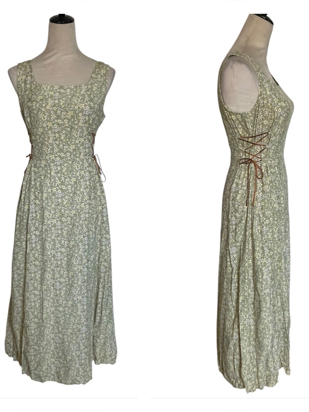 Vintage 90s Robbie Bee Sage Ditsy Floral Side Lace Dress